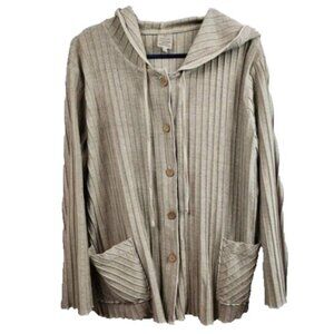 Focus Casual Life Womens Lagenlook‎ Hoodie Small Beige Ribbed Button Up Coastal